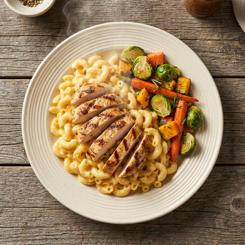 A high-angle top-down shot of creamy, golden mac and cheese topped with perfectly seared grilled chicken strips and a vibrant side of roasted seasonal vegetables. The dish is elegantly plated on a textured cream ceramic dish, set against a weathered, rustic wooden table surface. Soft, cozy warm lighting highlights the rich textures and steam, creating an inviting, premium comfort-food aesthetic.