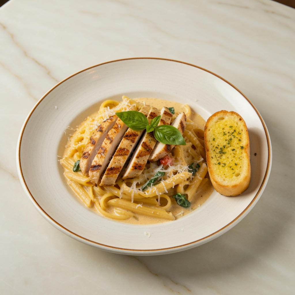 Overhead photo of a creamy Italian pasta plate with grilled chicken, garlic bread on the side, fresh basil garnish, parmesan shavings, on a cream ceramic plate, soft daylight, minimal marble table background, premium bistro food photography style