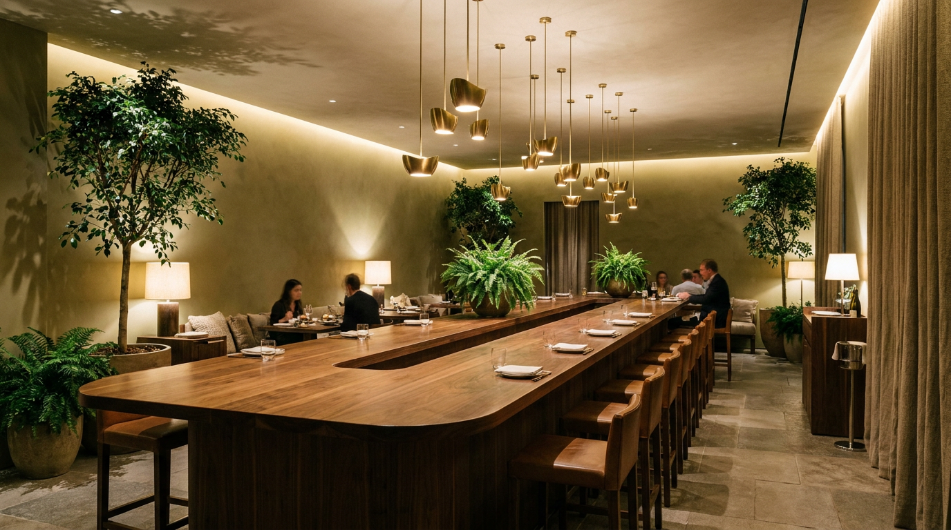 A sophisticated architectural interior shot of a minimalist restaurant bar, featuring a sleek polished wooden counter and elegant hanging pendant lights. The space is defined by soft olive-toned walls, carefully placed greenery for a touch of nature, and warm, inviting ambient lighting that creates a premium casual atmosphere. The composition is captured with a wide-angle lens, emphasizing clean lines, rich textures, and a serene, upscale dining aesthetic.