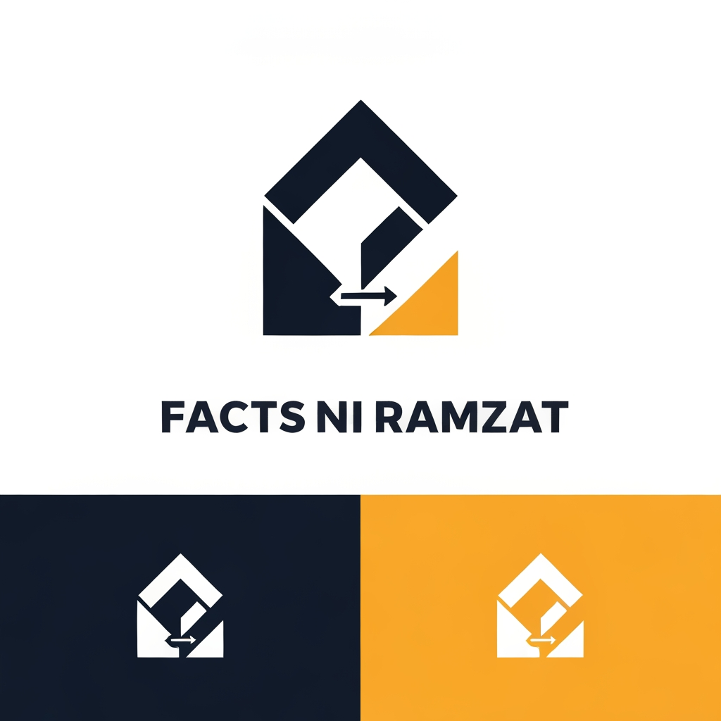 Create an iconic abstract logo for "Facts Ni Ramzat" inspired by the journey from knowledge to transformation. Use clean geometric forms and negative space to express clarity, growth, and meaningful impact without relying on literal symbols. Design a bold, memorable mark that feels as simple and recognizable as modern technology brands. Add a refined wordmark with custom typography. Flat vector, black and white first, then navy blue and amber, minimal, timeless, premium, and suitable for global branding.
