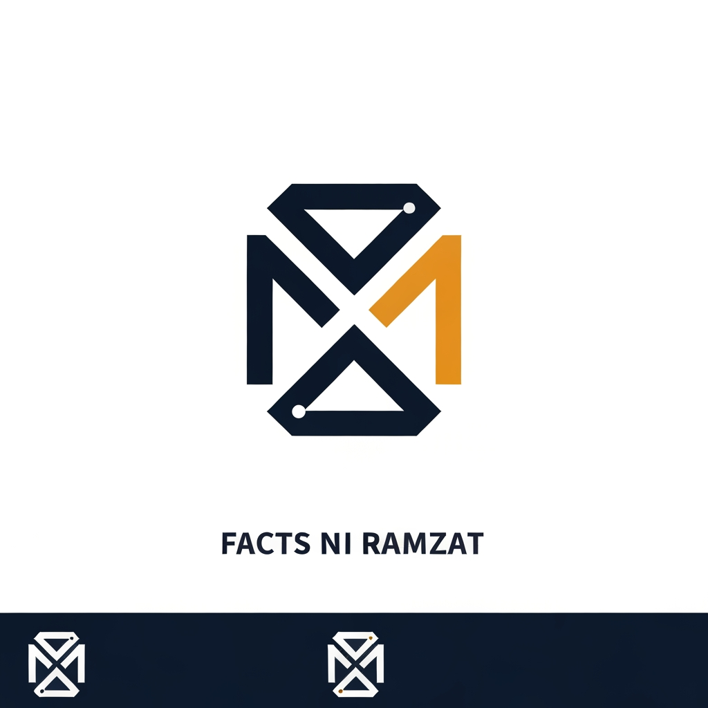 Create an iconic abstract logo for "Facts Ni Ramzat" inspired by the journey from knowledge to transformation. Use clean geometric forms and negative space to express clarity, growth, and meaningful impact without relying on literal symbols. Design a bold, memorable mark that feels as simple and recognizable as modern technology brands. Add a refined wordmark with custom typography. Flat vector, black and white first, then navy blue and amber, minimal, timeless, premium, and suitable for global branding.