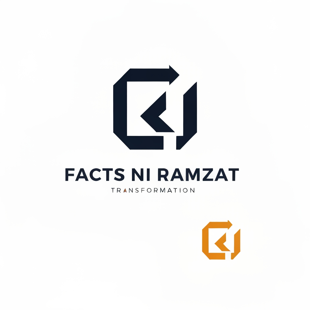 Create an iconic abstract logo for "Facts Ni Ramzat" inspired by the journey from knowledge to transformation. Use clean geometric forms and negative space to express clarity, growth, and meaningful impact without relying on literal symbols. Design a bold, memorable mark that feels as simple and recognizable as modern technology brands. Add a refined wordmark with custom typography. Flat vector, black and white first, then navy blue and amber, minimal, timeless, premium, and suitable for global branding.