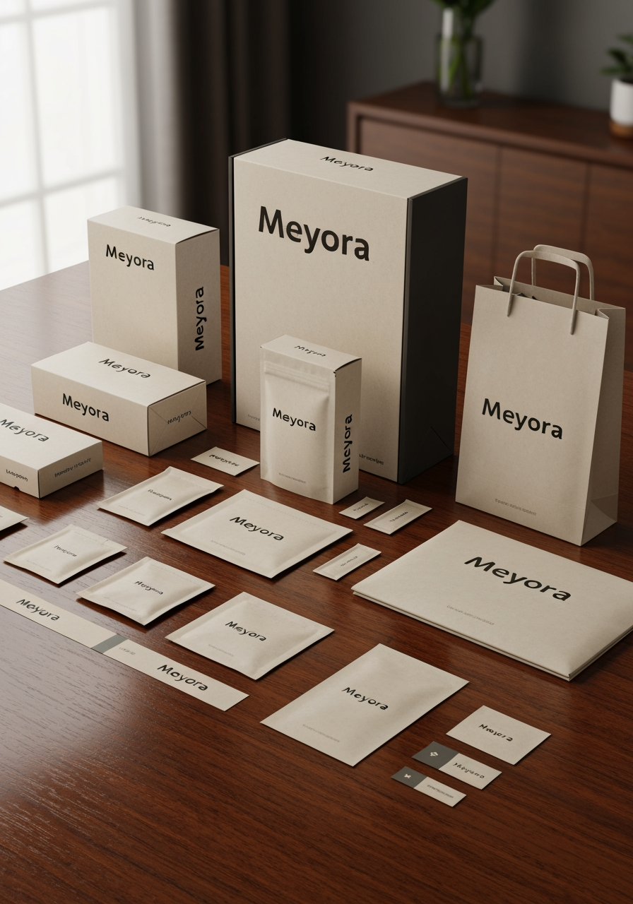 Premium packaging mockup concept for A LOGO FOR A TECH COMPANY WHO DO BUILD SOFTWARE THE NAME OF THE COMPANY IS MEYORA. Brand identity applied to realistic boxes, pouches, labels, wraps, or bags as appropriate, polished tabletop scene, tactile materials, no invented readable copy.