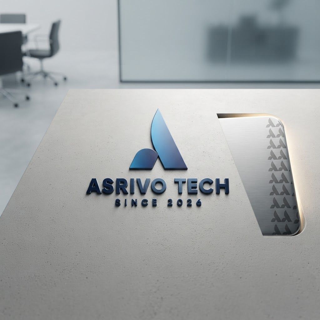 Premium logo presentation mockup concept for Create a high-tech, professional brand identity system for Asrivo Tech, utilizing the existing blue gradient logo to build a modern, scalable visual language for digital platforms.. Logo or brand mark displayed on a clean neutral surface with subtle depth, refined shadow, precise alignment, elegant design-studio presentation, no extra readable text.

Incorporate the attached brand element reference image (Reference A: brand element "Asrivo Tech") into the composition where natural — preserve the depicted brand element's appearance.