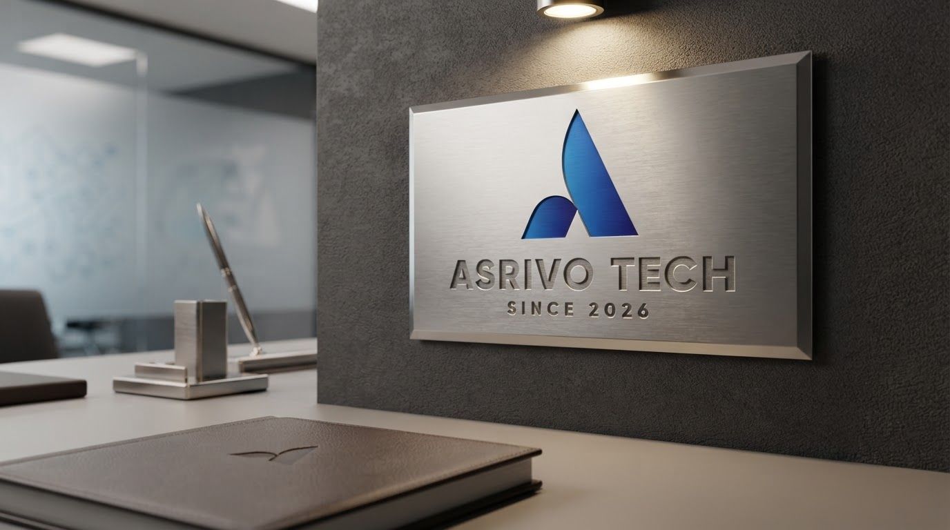 Client presentation mockup for brand. Polished scene showing the design direction applied to a realistic surface, screen, poster, or object, premium agency presentation style, no readable placeholder text.
Incorporate the attached brand element reference image (Reference A: brand element "Asrivo Tech") into the composition where natural — preserve the depicted brand element's appearance.