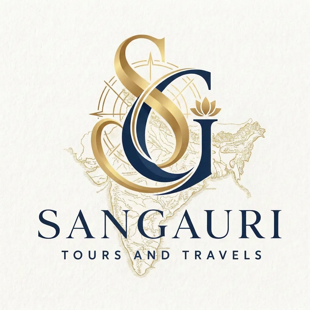 AI Design for A sophisticated and elegant logo design for Sangauri Tour and Travels, featuring an artistic monogram of the letters SG. The design incorporates subtle, traditional motifs inspired by cultural travel heritage, utilizing a refined gold and deep navy color palette. The composition is balanced and minimalist, with clean lines and a sense of movement that evokes luxury, exploration, and professional travel services. add indian map