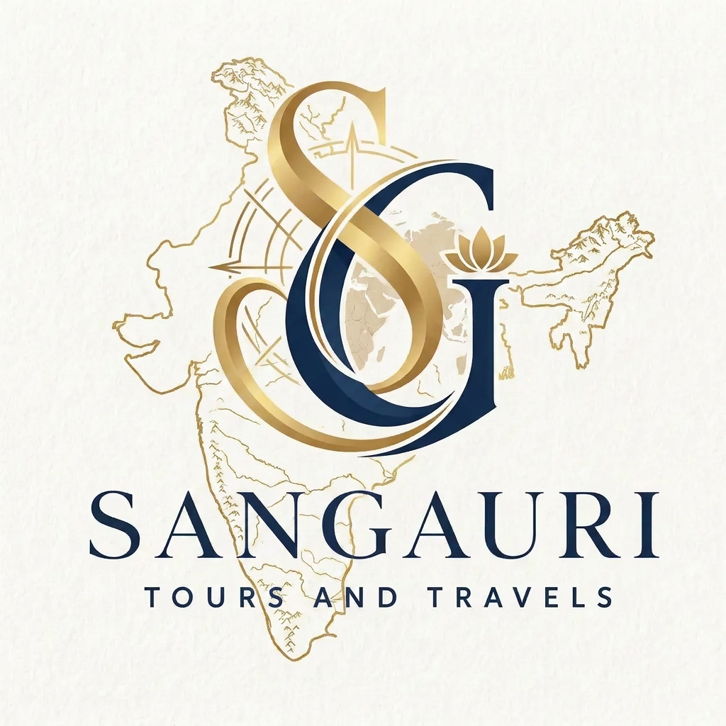 AI Design for A sophisticated and elegant logo design for Sangauri Tour and Travels, featuring an artistic monogram of the letters SG. The design incorporates subtle, traditional motifs inspired by cultural travel heritage, utilizing a refined gold and deep navy color palette. The composition is balanced and minimalist, with clean lines and a sense of movement that evokes luxury, exploration, and professional travel services. add indian map