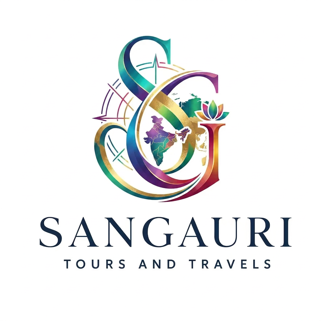 AI Design for A sophisticated and elegant logo design for Sangauri Tour and Travels, featuring a minimalist monogram of the letters SG intertwined with a subtle, stylized outline of the Indian map. The design uses clean, refined lines to evoke a sense of luxury and professional exploration, rendered in a high-contrast palette of deep navy and metallic gold foil textures. The composition is balanced and modern, set against a clean, solid background to emphasize the traditional cultural motifs and fluid movement within the monogram. make it colourfull