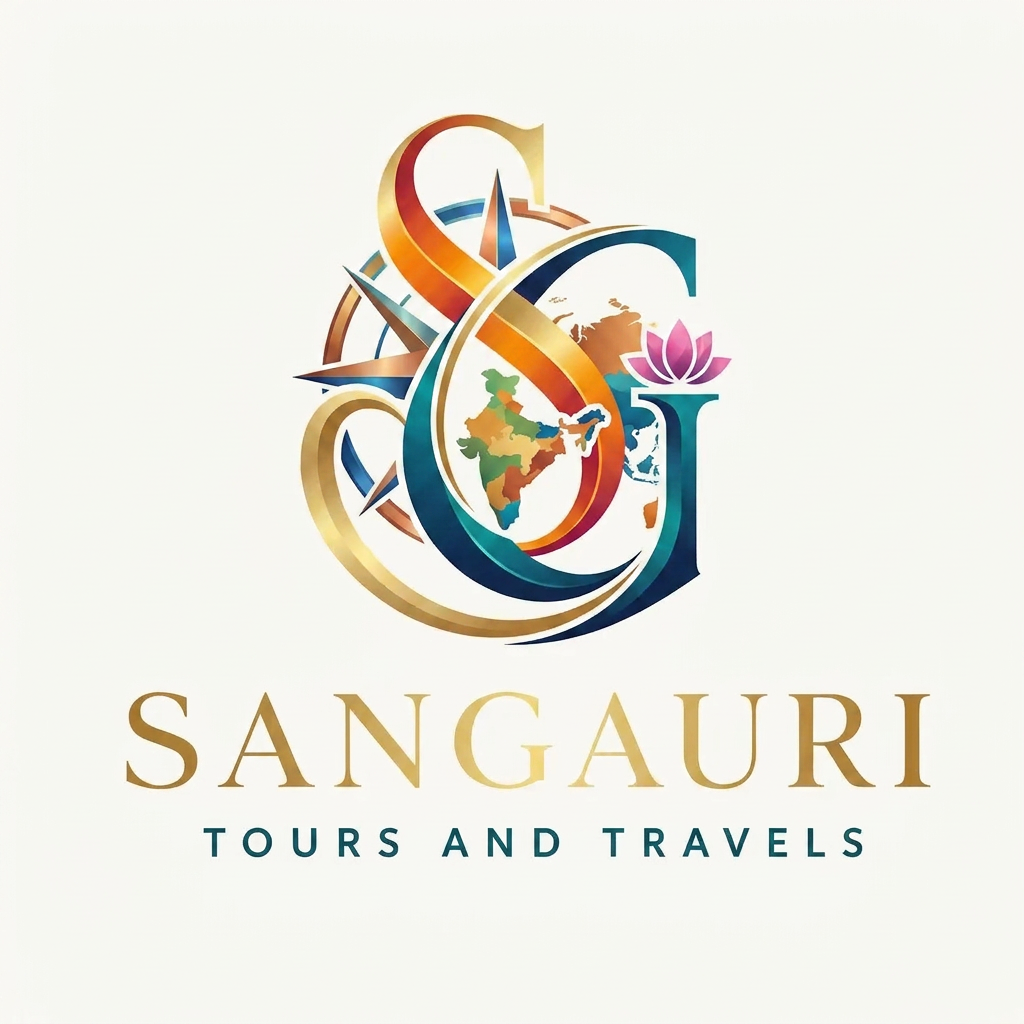 AI Design for A sophisticated and elegant logo design for Sangauri Tour and Travels, featuring a minimalist monogram of the letters SG intertwined with a subtle, stylized outline of the Indian map. The design uses clean, refined lines to evoke a sense of luxury and professional exploration, rendered in a high-contrast palette of deep navy and metallic gold foil textures. The composition is balanced and modern, set against a clean, solid background to emphasize the traditional cultural motifs and fluid movement within the monogram. make it colourfull