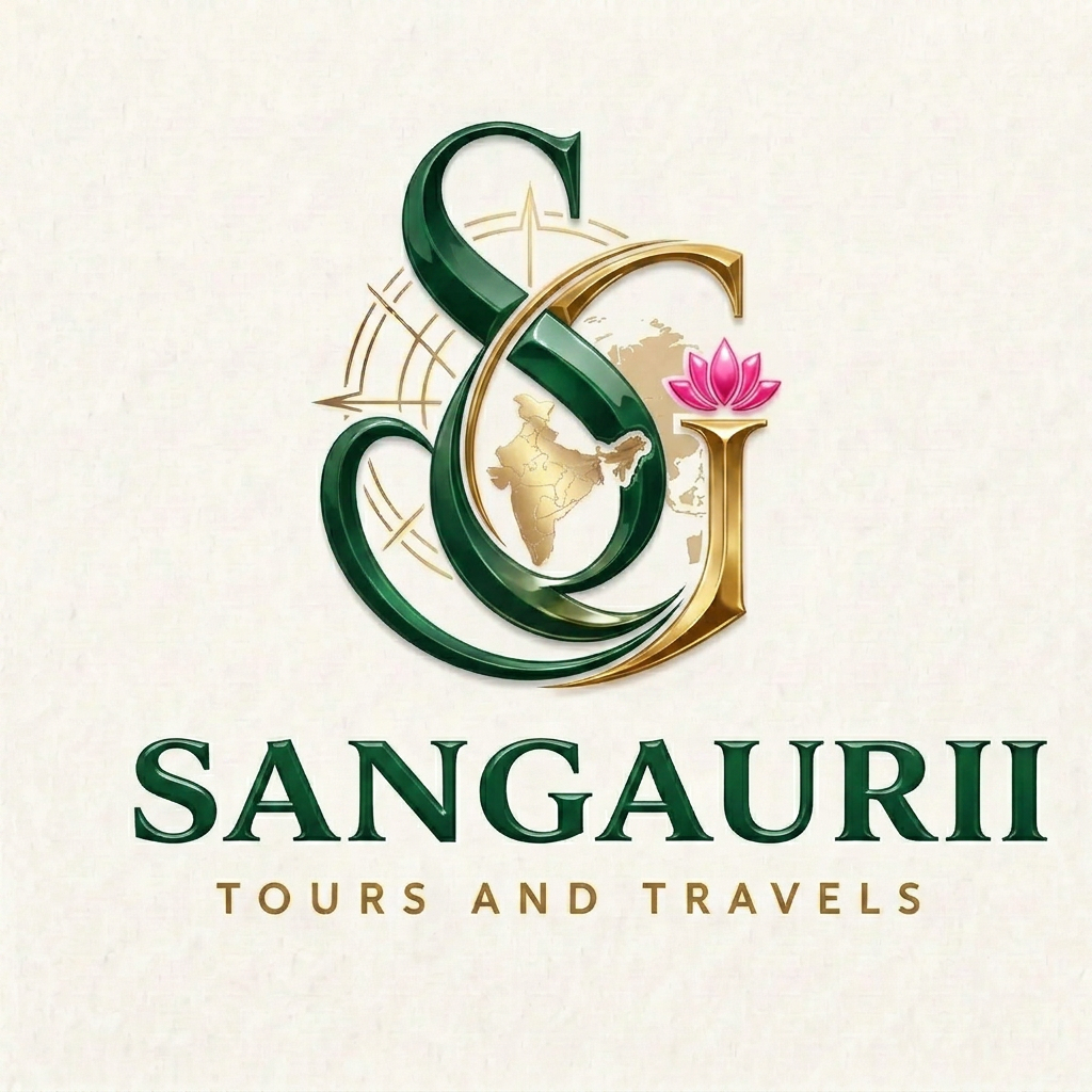 AI Design for can you make Sangauri bold and Change the font make the lotus pink and glossy and attractive make sure that G is more goldie and glossy and S has Dark green colour too