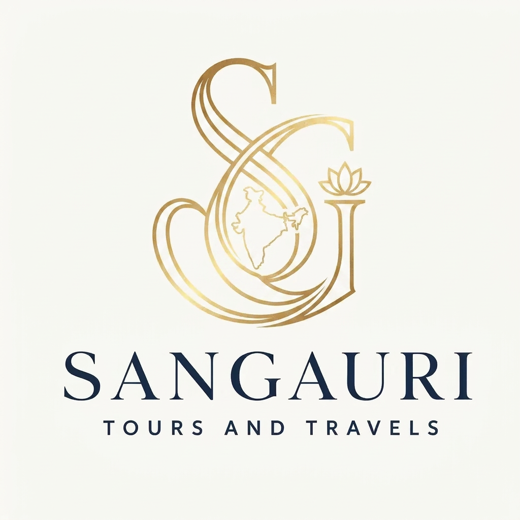AI Design for A sophisticated and elegant logo design for Sangauri Tour and Travels, featuring a minimalist monogram of the letters SG intertwined with a subtle, stylized outline of the Indian map. The design uses clean, refined lines to evoke a sense of luxury and professional exploration, rendered in a high-contrast palette of deep navy and metallic gold foil textures. The composition is balanced and modern, set against a clean, solid background to emphasize the traditional cultural motifs and fluid movement within the monogram.use decent colours
