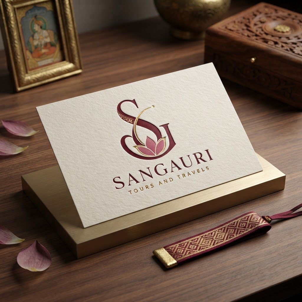AI Design for Premium logo presentation mockup concept for Create sophisticated social media assets for SANGAURI Tours and Travels that highlight elegance and cultural travel experiences, using the brand's maroon, gold, and lotus-inspired aesthetic.. Logo or brand mark displayed on a clean neutral surface with subtle depth, refined shadow, precise alignment, elegant design-studio presentation, no extra readable text.
Incorporate the attached brand element reference image (Reference A: brand element "SANGAURI Brand Identity") into the composition where natural — preserve the depicted brand element's appearance.