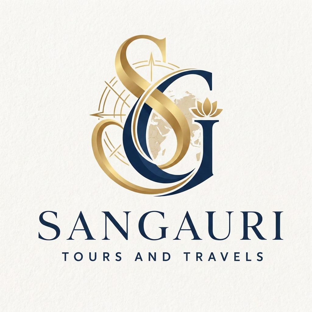 AI Design for A sophisticated and elegant logo design for Sangauri Tour and Travels, featuring an artistic monogram of the letters SG. The design incorporates subtle, traditional motifs inspired by cultural travel heritage, utilizing a refined gold and deep navy color palette. The composition is balanced and minimalist, with clean lines and a sense of movement that evokes luxury, exploration, and professional travel services.