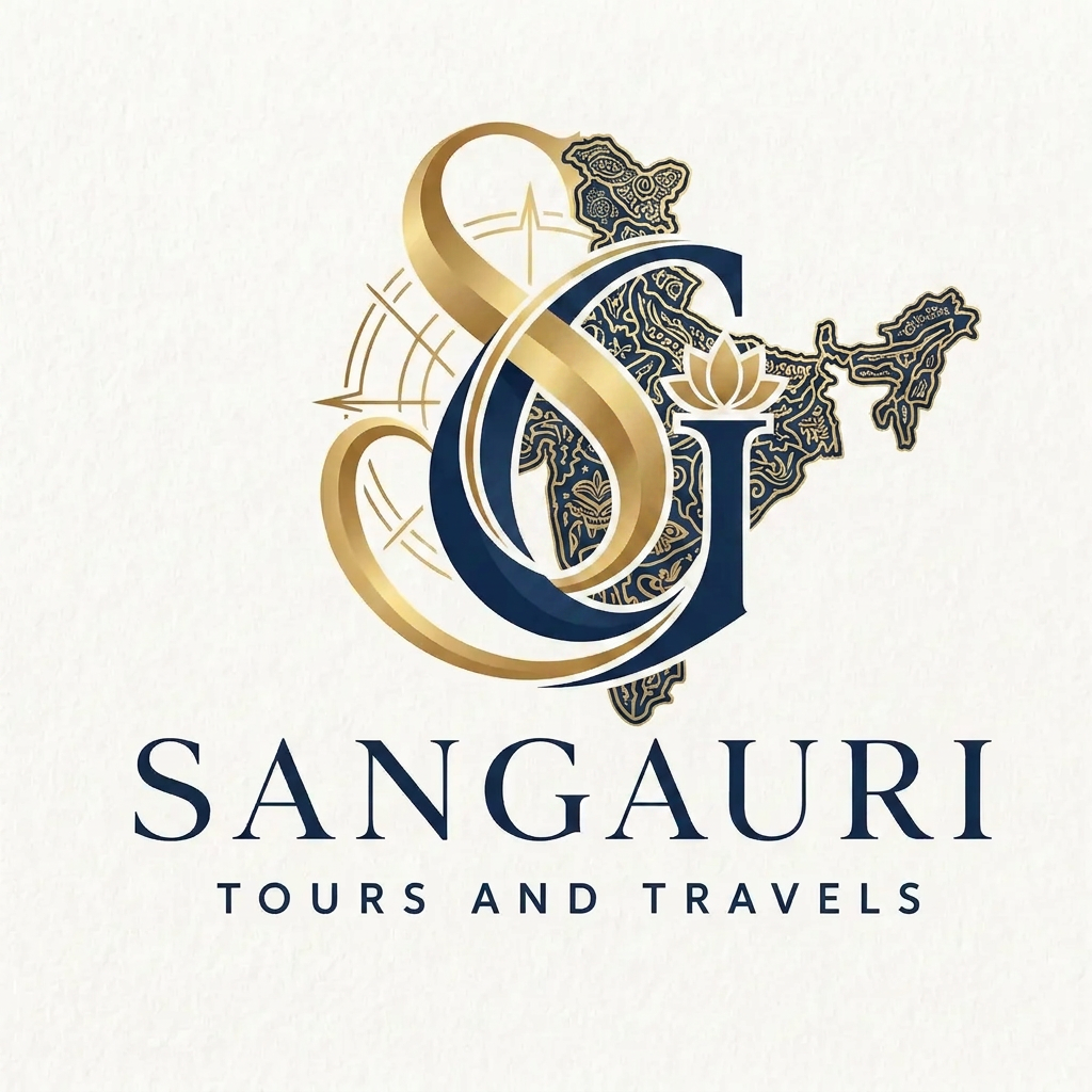 AI Design for A sophisticated and elegant logo design for Sangauri Tour and Travels, featuring an artistic monogram of the letters SG. The design incorporates subtle, traditional motifs inspired by cultural travel heritage, utilizing a refined gold and deep navy color palette. The composition is balanced and minimalist, with clean lines and a sense of movement that evokes luxury, exploration, and professional travel services. add indian map