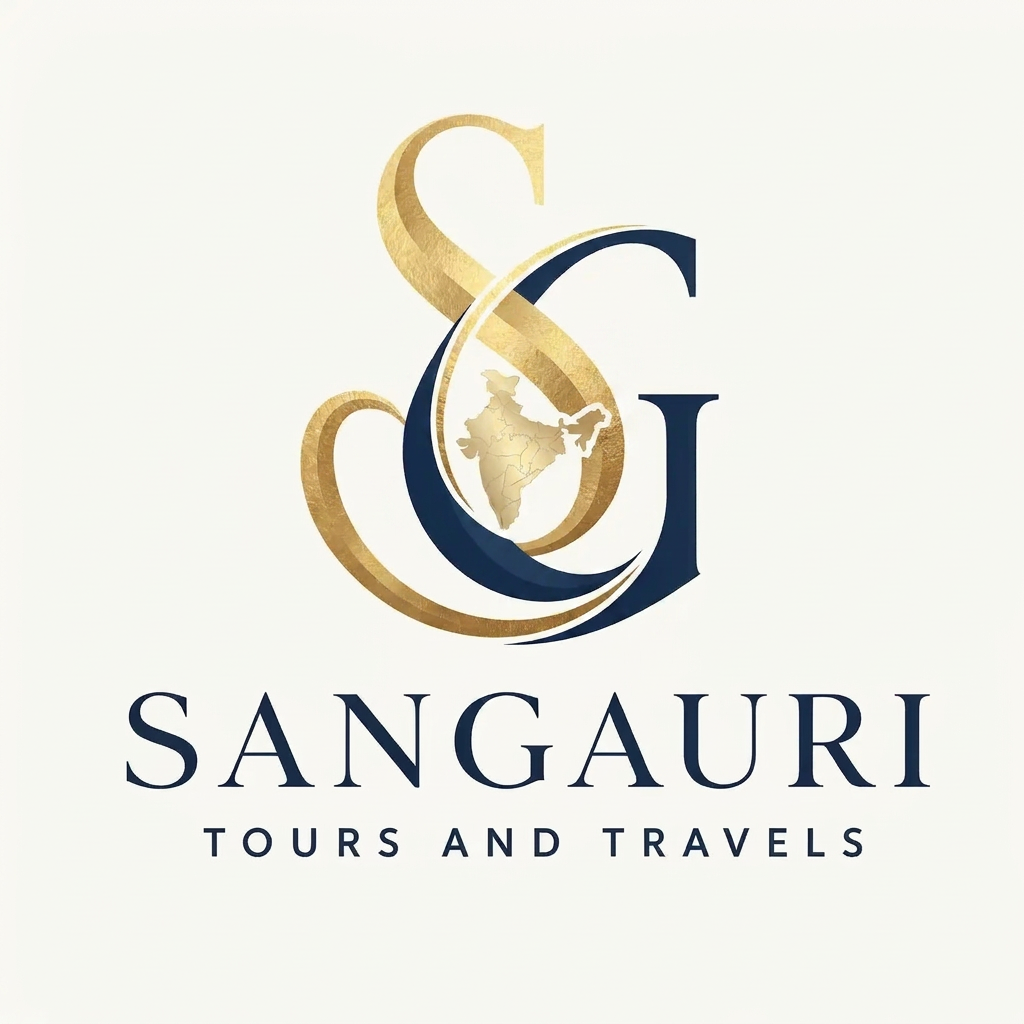 AI Design for A sophisticated and elegant logo design for Sangauri Tour and Travels, featuring a minimalist monogram of the letters SG intertwined with a subtle, stylized outline of the Indian map. The design uses clean, refined lines to evoke a sense of luxury and professional exploration, rendered in a high-contrast palette of deep navy and metallic gold foil textures. The composition is balanced and modern, set against a clean, solid background to emphasize the traditional cultural motifs and fluid movement within the monogram.