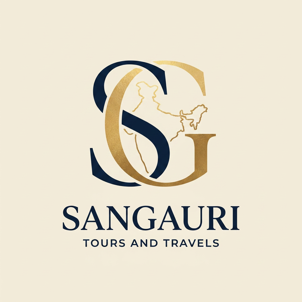 AI Design for A sophisticated and elegant logo design for Sangauri Tour and Travels, featuring a minimalist monogram of the letters SG intertwined with a subtle, stylized outline of the Indian map. The design uses clean, refined lines to evoke a sense of luxury and professional exploration, rendered in a high-contrast palette of deep navy and metallic gold foil textures. The composition is balanced and modern, set against a clean, solid background to emphasize the traditional cultural motifs and fluid movement within the monogram.use decent colours