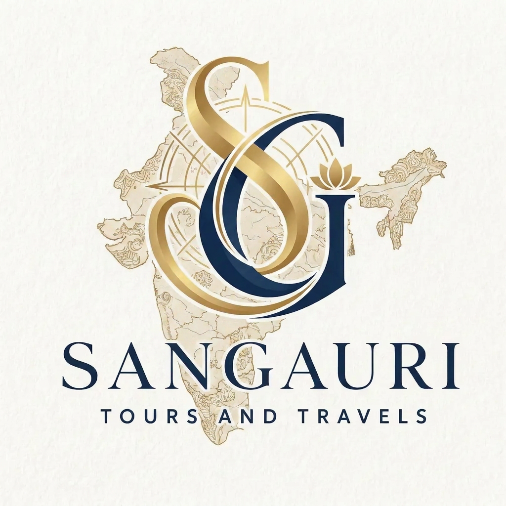 AI Design for A sophisticated and elegant logo design for Sangauri Tour and Travels, featuring an artistic monogram of the letters SG. The design incorporates subtle, traditional motifs inspired by cultural travel heritage, utilizing a refined gold and deep navy color palette. The composition is balanced and minimalist, with clean lines and a sense of movement that evokes luxury, exploration, and professional travel services. add indian map