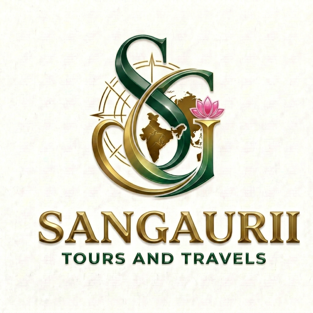 AI Design for Make S dark Green AND G blend in green and Gold make it look glossy and attractive and change colour of Sangaurii to dark golden and tours and travels dark green