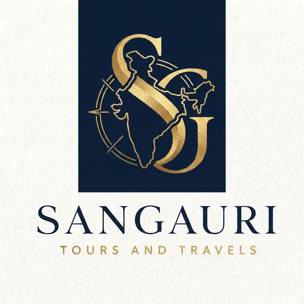 AI Design for A sophisticated and elegant logo design for Sangauri Tour and Travels, featuring a minimalist monogram of the letters SG intertwined with a subtle, stylized outline of the Indian map. The design uses clean, refined lines to evoke a sense of luxury and professional exploration, rendered in a high-contrast palette of deep navy and metallic gold foil textures. The composition is balanced and modern, set against a clean, solid background to emphasize the traditional cultural motifs and fluid movement within the monogram.