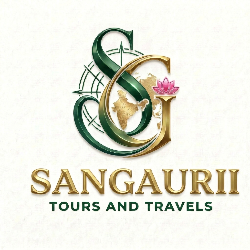 AI Design for Make S dark Green AND G blend in green and Gold make it look glossy and attractive and change colour of Sangaurii to golden and tours and travels dark green