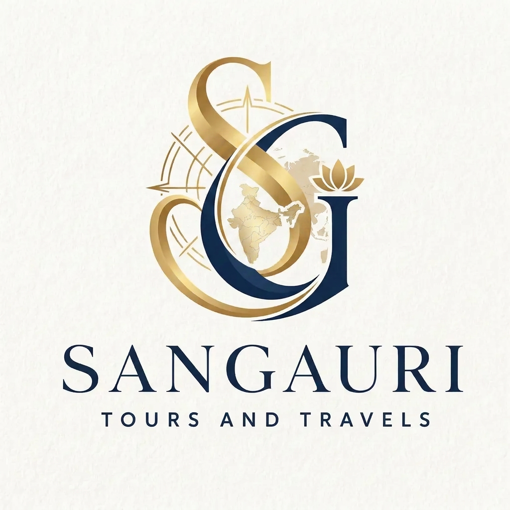 AI Design for A sophisticated and elegant logo design for Sangauri Tour and Travels, featuring an artistic monogram of the letters SG. The design incorporates subtle, traditional motifs inspired by cultural travel heritage, utilizing a refined gold and deep navy color palette. The composition is balanced and minimalist, with clean lines and a sense of movement that evokes luxury, exploration, and professional travel services. add indian map