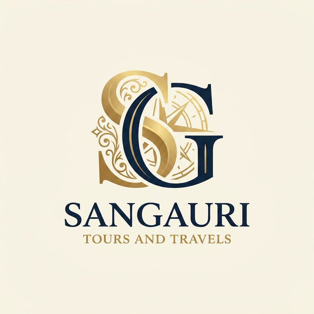 AI Design for A sophisticated and elegant logo design for Sangauri Tour and Travels, featuring an artistic monogram of the letters SG. The design incorporates subtle, traditional motifs inspired by cultural travel heritage, utilizing a refined gold and deep navy color palette. The composition is balanced and minimalist, with clean lines and a sense of movement that evokes luxury, exploration, and professional travel services.