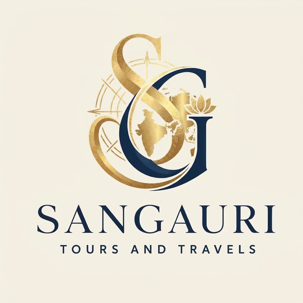 AI Design for A sophisticated and elegant logo design for Sangauri Tour and Travels, featuring a minimalist monogram of the letters SG intertwined with a subtle, stylized outline of the Indian map. The design uses clean, refined lines to evoke a sense of luxury and professional exploration, rendered in a high-contrast palette of deep navy and metallic gold foil textures. The composition is balanced and modern, set against a clean, solid background to emphasize the traditional cultural motifs and fluid movement within the monogram.use decent colours