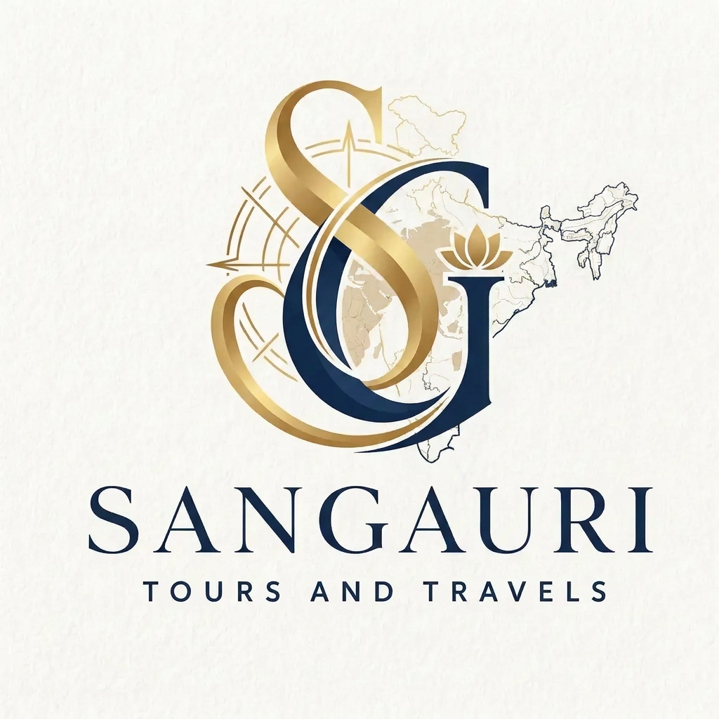 AI Design for A sophisticated and elegant logo design for Sangauri Tour and Travels, featuring an artistic monogram of the letters SG. The design incorporates subtle, traditional motifs inspired by cultural travel heritage, utilizing a refined gold and deep navy color palette. The composition is balanced and minimalist, with clean lines and a sense of movement that evokes luxury, exploration, and professional travel services. add indian map