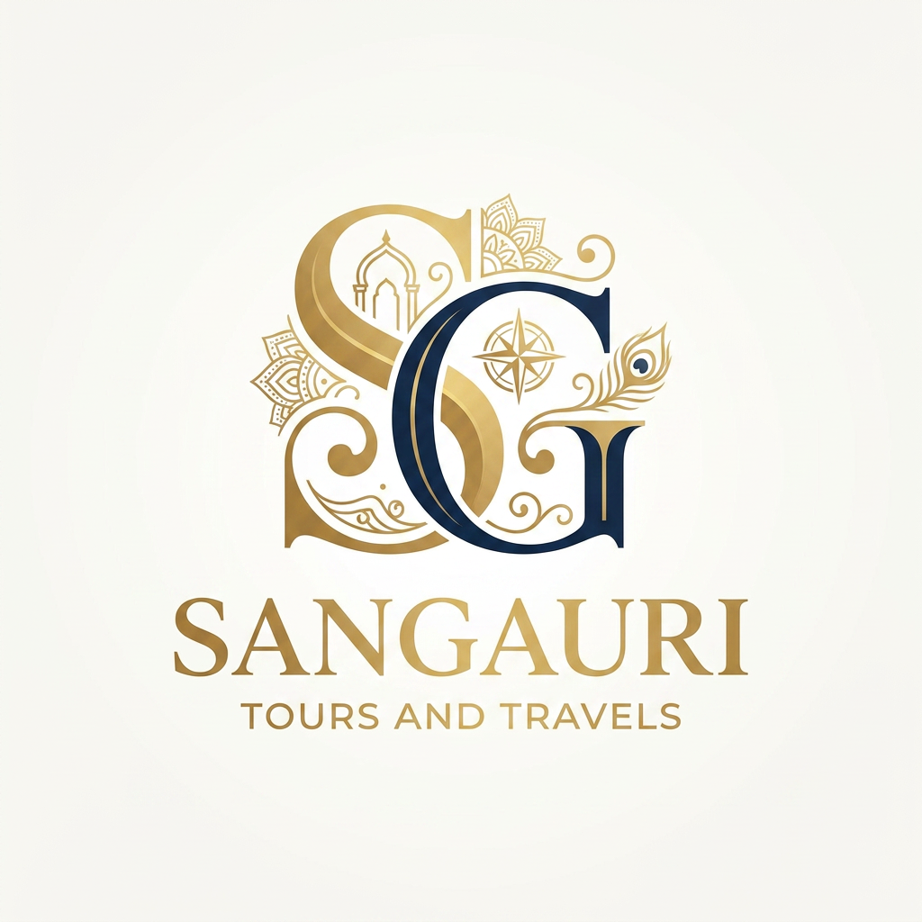 AI Design for A sophisticated and elegant logo design for Sangauri Tour and Travels, featuring an artistic monogram of the letters SG. The design incorporates subtle, traditional motifs inspired by cultural travel heritage, utilizing a refined gold and deep navy color palette. The composition is balanced and minimalist, with clean lines and a sense of movement that evokes luxury, exploration, and professional travel services.