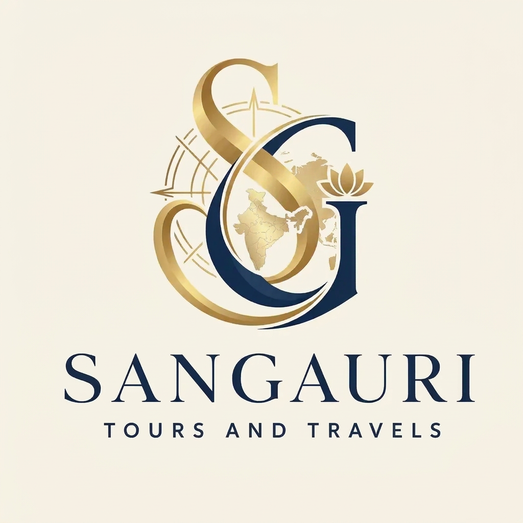AI Design for A sophisticated and elegant logo design for Sangauri Tour and Travels, featuring a minimalist monogram of the letters SG intertwined with a subtle, stylized outline of the Indian map. The design uses clean, refined lines to evoke a sense of luxury and professional exploration, rendered in a high-contrast palette of deep navy and metallic gold foil textures. The composition is balanced and modern, set against a clean, solid background to emphasize the traditional cultural motifs and fluid movement within the monogram.use decent colours
