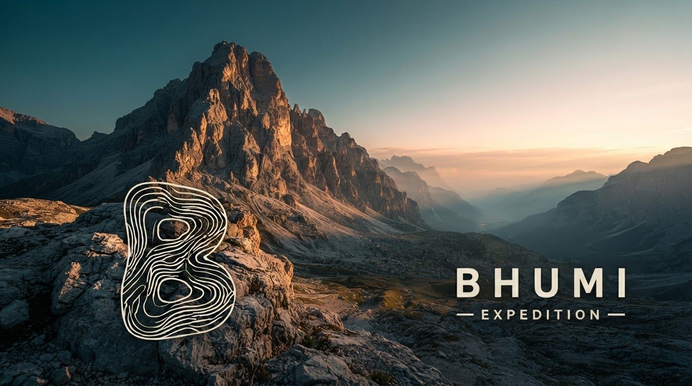 AI Design for Landscape launch announcement visual for  brand. Energetic campaign image, strong focal object or scene, clean branded atmosphere, generous open space for announcement copy to be added later, no rendered typography.

Incorporate the attached brand element reference image (Reference A: brand element "Bhumi Expedition") into the composition where natural — preserve the depicted brand element's appearance.