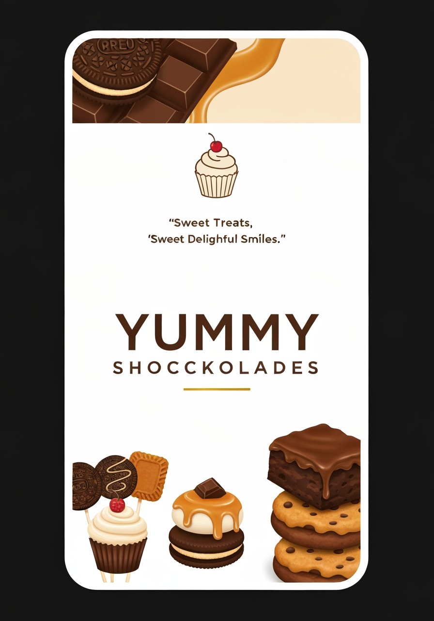 AI Design for Portrait social feed visual concept for Design a modern, premium logo for **Yummy Shockolades** with the tagline **"Sweet Treats, Delightful Smiles."** We sell chocolates, cakes, cupcakes, Oreo pops, Biscoff treats, cake pops, cake sickles, brownies, and cookies. Use chocolate brown, cream, caramel, and gold. Add a simple dessert icon. Make it minimal, vector-style, with a transparent background, suitable for packaging and social media.. Scroll-stopping focal point, editorial crop, balanced foreground and background, designed for a 4:5 feed placement, no generated text or UI elements.