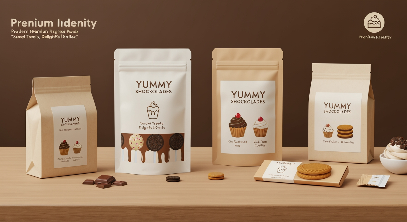 AI Design for Premium packaging mockup concept for Design a modern, premium logo for **Yummy Shockolades** with the tagline **"Sweet Treats, Delightful Smiles."** We sell chocolates, cakes, cupcakes, Oreo pops, Biscoff treats, cake pops, cake sickles, brownies, and cookies. Use chocolate brown, cream, caramel, and gold. Add a simple dessert icon. Make it minimal, vector-style, with a transparent background, suitable for packaging and social media.. Brand identity applied to realistic boxes, pouches, labels, wraps, or bags as appropriate, polished tabletop scene, tactile materials, no invented readable copy.