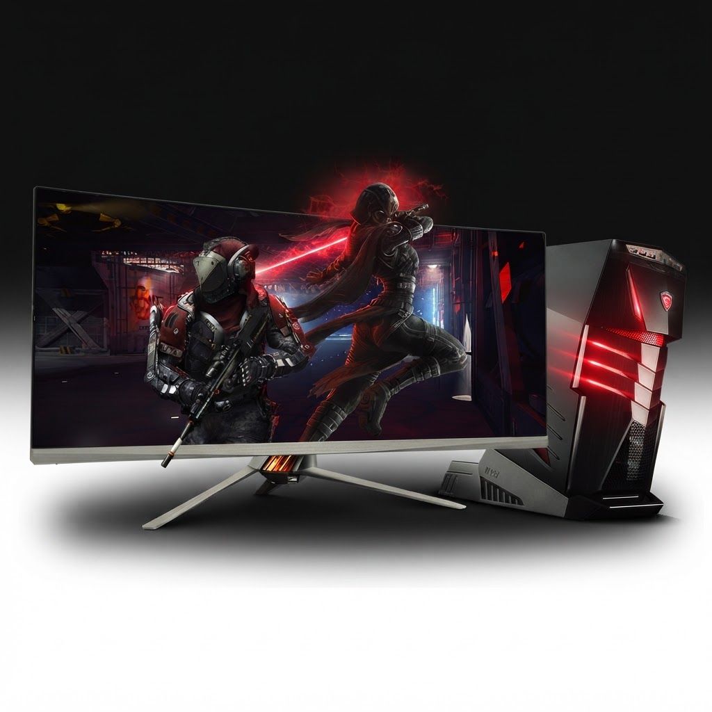 AI Design for High-end studio product photograph of Performance Gaming Setup. The image features a gaming PC tower and an ultra-wide monitor set against a black background. The hardware has a matte black finish with prominent red LED lighting accents, displaying a digital fantasy combat scene on the screen. Product centered as the clear hero, clean neutral background, controlled softbox lighting, realistic contact shadow, crisp edges, accurate material texture, no readable text added.