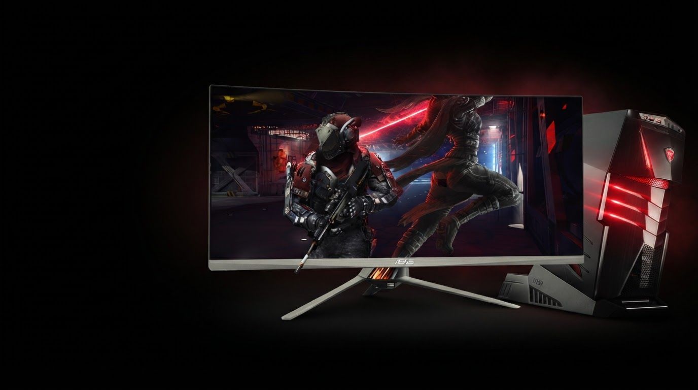 AI Design for Wide campaign hero photograph for Performance Gaming Setup. The image features a gaming PC tower and an ultra-wide monitor set against a black background. The hardware has a matte black finish with prominent red LED lighting accents, displaying a digital fantasy combat scene on the screen. Premium advertising composition with the product as focal point, cinematic lighting, clean negative space on one side for copy to be added later, no rendered words or logos beyond the reference product.