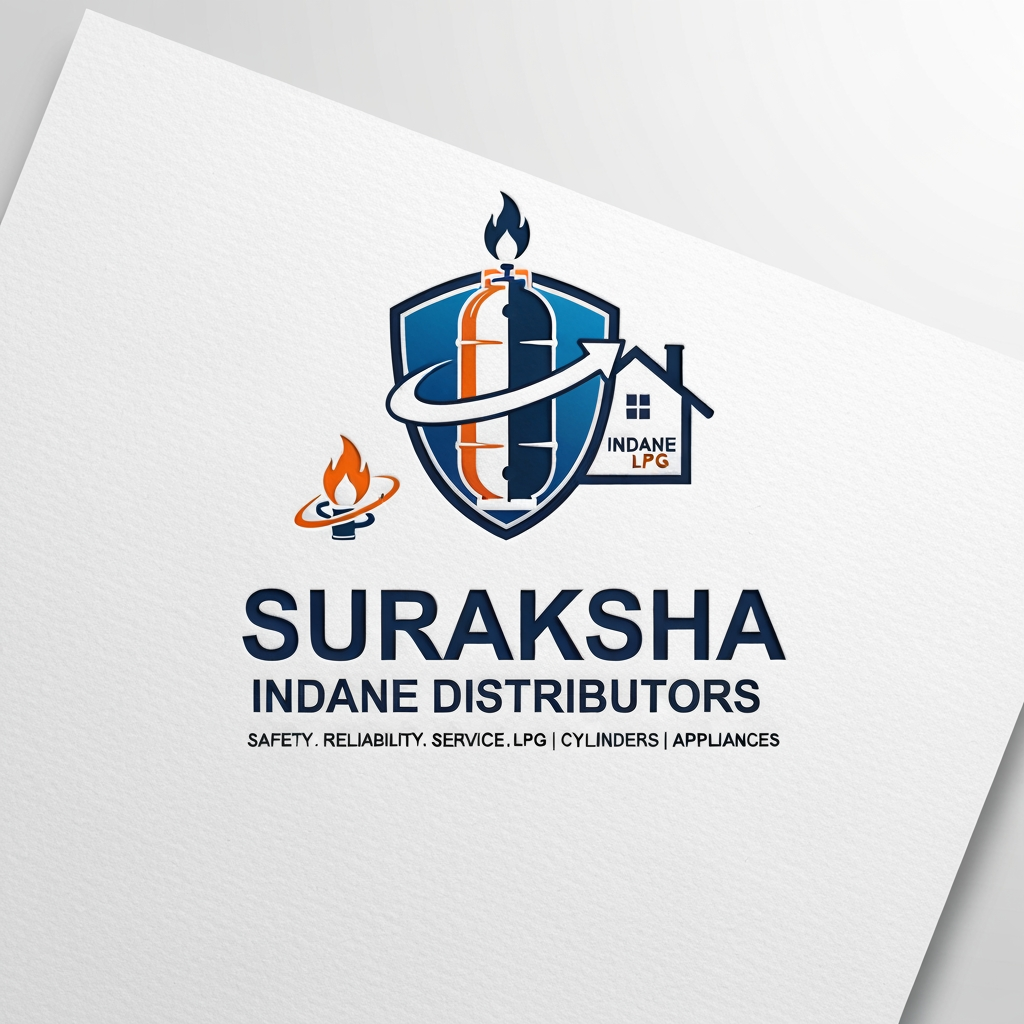 AI Design for "A modern, professional vector logo design for a gas distribution company. The central icon features a stylized LPG gas cylinder integrated with a protective shield behind it to symbolize safety. Dynamic, sweeping arrows encircle the cylinder to represent distribution and fast service. To the right of the cylinder, incorporate a minimalist, stylized outline of a house roof. A small, clean flame icon sits at the top. The color palette should be primarily deep orange and navy blue. Below the icon, bold and clean sans-serif typography that reads 'SURAKSHA' on the first line, and 'INDANE DISTRIBUTORS' on the second line. Below that, smaller tagline text reading 'SAFETY. RELIABILITY. SERVICE. LPG | CYLINDERS | APPLIANCES'. The design should be flat, sleek, and highly legible against a clean white background, corporate branding style."A complete professional logo for 'SURAKSHA INDANE DISTRIBUTORS' on a subtly textured paper background, featuring a blue and silver shield, a split gas cylinder, 'INDANE LPG' text, a flame, swirling orbits, a domestic pipeline, and four centered text blocks with correct spellings and corporate fonts.