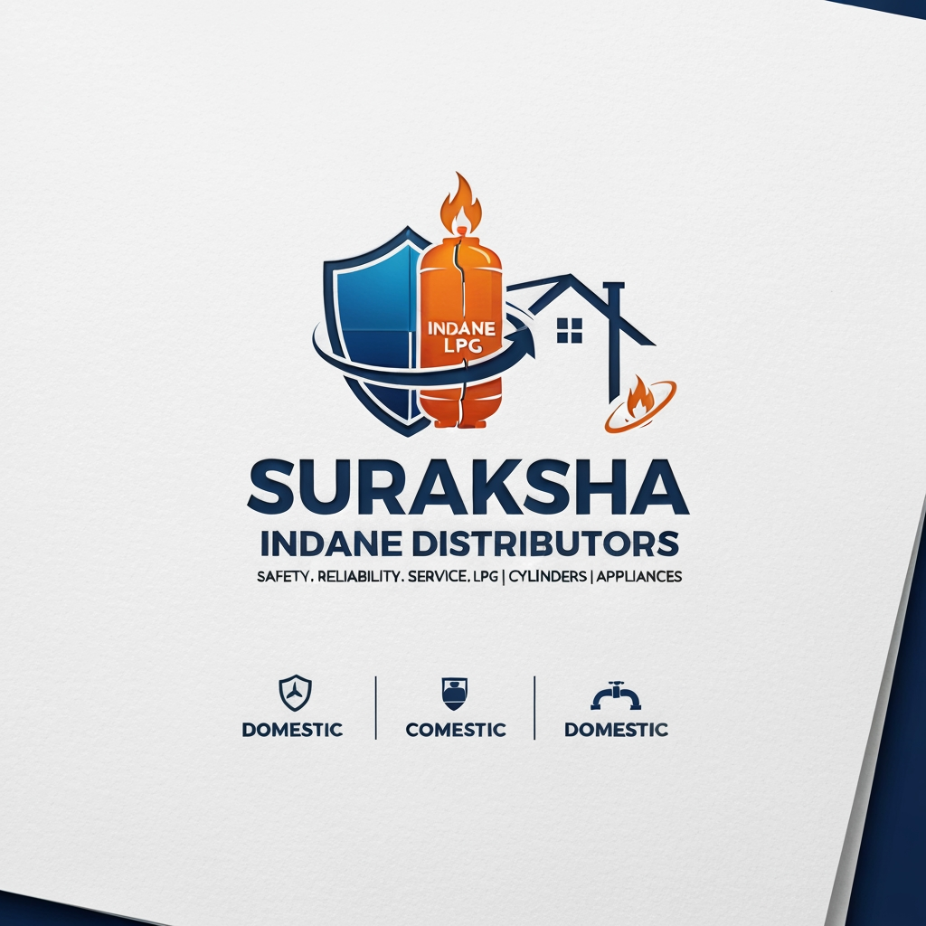 AI Design for "A modern, professional vector logo design for a gas distribution company. The central icon features a stylized LPG gas cylinder integrated with a protective shield behind it to symbolize safety. Dynamic, sweeping arrows encircle the cylinder to represent distribution and fast service. To the right of the cylinder, incorporate a minimalist, stylized outline of a house roof. A small, clean flame icon sits at the top. The color palette should be primarily deep orange and navy blue. Below the icon, bold and clean sans-serif typography that reads 'SURAKSHA' on the first line, and 'INDANE DISTRIBUTORS' on the second line. Below that, smaller tagline text reading 'SAFETY. RELIABILITY. SERVICE. LPG | CYLINDERS | APPLIANCES'. The design should be flat, sleek, and highly legible against a clean white background, corporate branding style."A complete professional logo for 'SURAKSHA INDANE DISTRIBUTORS' on a subtly textured paper background, featuring a blue and silver shield, a split gas cylinder, 'INDANE LPG' text, a flame, swirling orbits, a domestic pipeline, and four centered text blocks with correct spellings and corporate fonts.