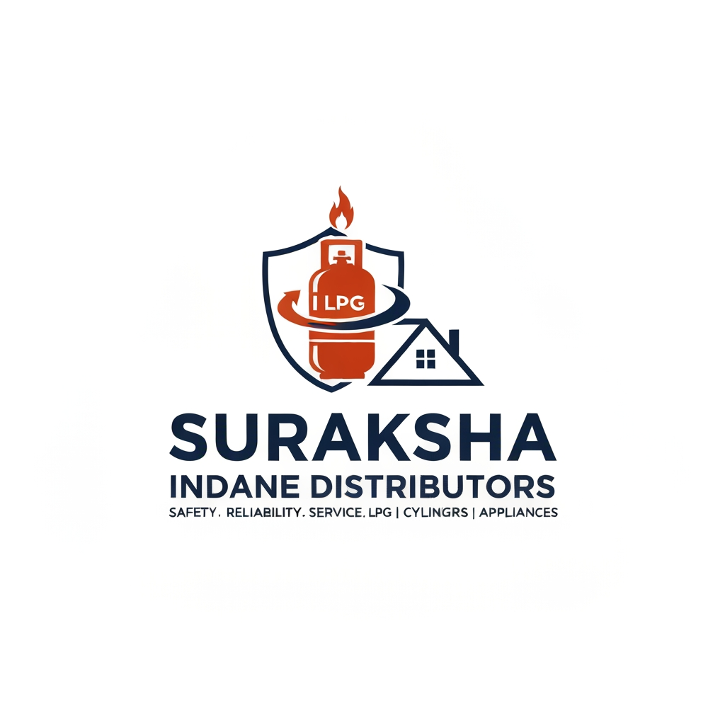 AI Design for "A modern, professional vector logo design for a gas distribution company. The central icon features a stylized LPG gas cylinder integrated with a protective shield behind it to symbolize safety. Dynamic, sweeping arrows encircle the cylinder to represent distribution and fast service. To the right of the cylinder, incorporate a minimalist, stylized outline of a house roof. A small, clean flame icon sits at the top. The color palette should be primarily deep orange and navy blue. Below the icon, bold and clean sans-serif typography that reads 'SURAKSHA' on the first line, and 'INDANE DISTRIBUTORS' on the second line. Below that, smaller tagline text reading 'SAFETY. RELIABILITY. SERVICE. LPG | CYLINDERS | APPLIANCES'. The design should be flat, sleek, and highly legible against a clean white background, corporate branding style."