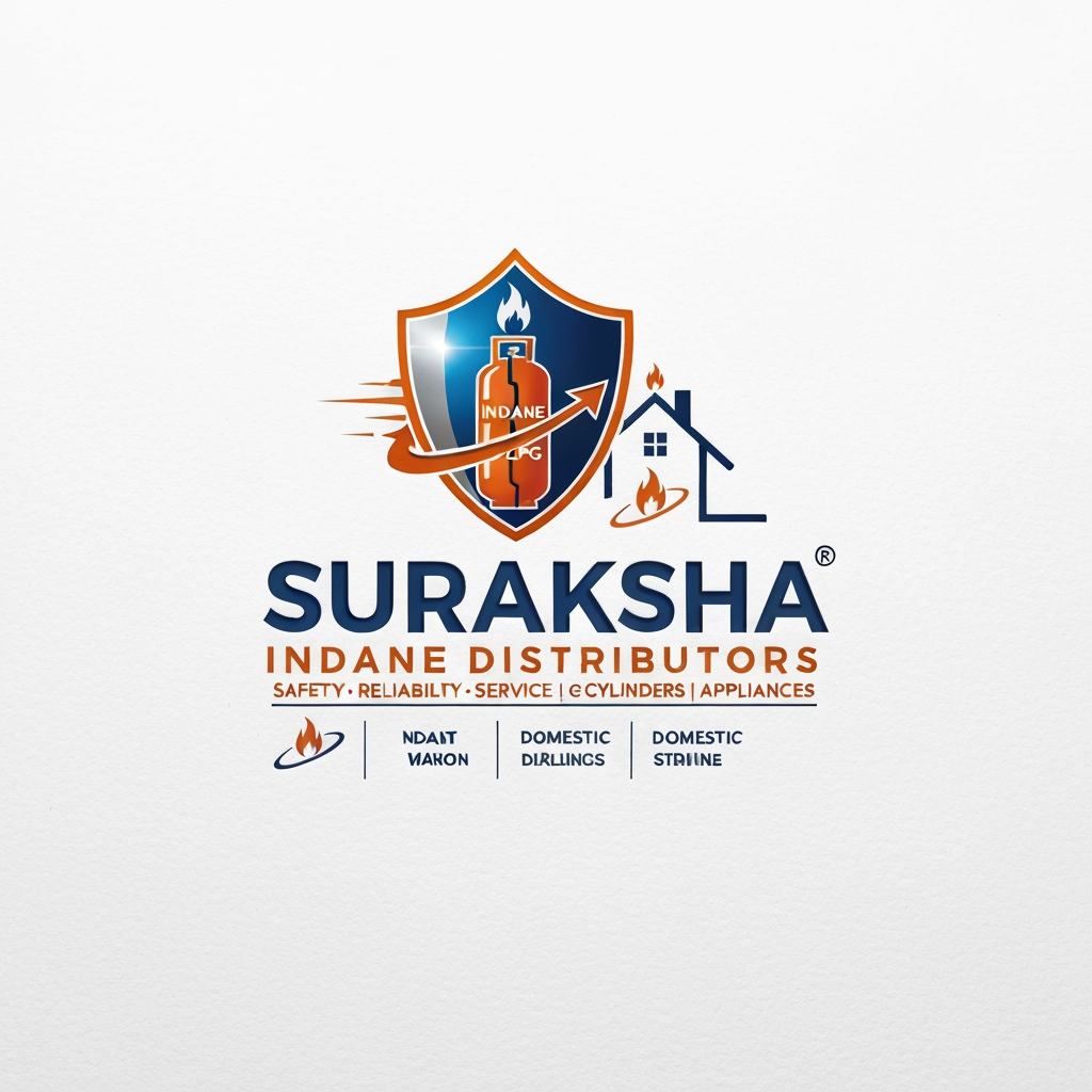 AI Design for "A modern, professional vector logo design for a gas distribution company. The central icon features a stylized LPG gas cylinder integrated with a protective shield behind it to symbolize safety. Dynamic, sweeping arrows encircle the cylinder to represent distribution and fast service. To the right of the cylinder, incorporate a minimalist, stylized outline of a house roof. A small, clean flame icon sits at the top. The color palette should be primarily deep orange and navy blue. Below the icon, bold and clean sans-serif typography that reads 'SURAKSHA' on the first line, and 'INDANE DISTRIBUTORS' on the second line. Below that, smaller tagline text reading 'SAFETY. RELIABILITY. SERVICE. LPG | CYLINDERS | APPLIANCES'. The design should be flat, sleek, and highly legible against a clean white background, corporate branding style."A complete professional logo for 'SURAKSHA INDANE DISTRIBUTORS' on a subtly textured paper background, featuring a blue and silver shield, a split gas cylinder, 'INDANE LPG' text, a flame, swirling orbits, a domestic pipeline, and four centered text blocks with correct spellings and corporate fonts.