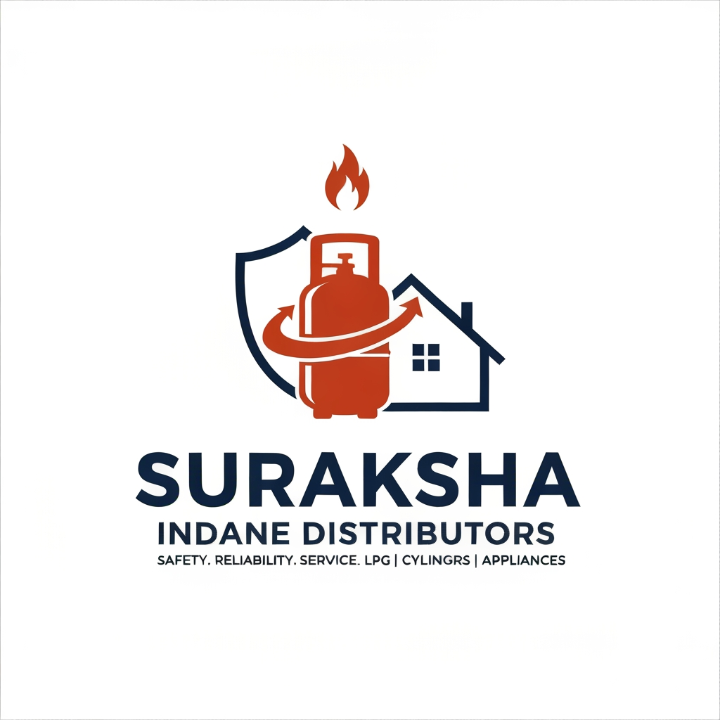 AI Design for "A modern, professional vector logo design for a gas distribution company. The central icon features a stylized LPG gas cylinder integrated with a protective shield behind it to symbolize safety. Dynamic, sweeping arrows encircle the cylinder to represent distribution and fast service. To the right of the cylinder, incorporate a minimalist, stylized outline of a house roof. A small, clean flame icon sits at the top. The color palette should be primarily deep orange and navy blue. Below the icon, bold and clean sans-serif typography that reads 'SURAKSHA' on the first line, and 'INDANE DISTRIBUTORS' on the second line. Below that, smaller tagline text reading 'SAFETY. RELIABILITY. SERVICE. LPG | CYLINDERS | APPLIANCES'. The design should be flat, sleek, and highly legible against a clean white background, corporate branding style."