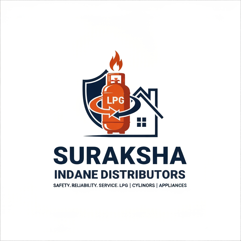 AI Design for "A modern, professional vector logo design for a gas distribution company. The central icon features a stylized LPG gas cylinder integrated with a protective shield behind it to symbolize safety. Dynamic, sweeping arrows encircle the cylinder to represent distribution and fast service. To the right of the cylinder, incorporate a minimalist, stylized outline of a house roof. A small, clean flame icon sits at the top. The color palette should be primarily deep orange and navy blue. Below the icon, bold and clean sans-serif typography that reads 'SURAKSHA' on the first line, and 'INDANE DISTRIBUTORS' on the second line. Below that, smaller tagline text reading 'SAFETY. RELIABILITY. SERVICE. LPG | CYLINDERS | APPLIANCES'. The design should be flat, sleek, and highly legible against a clean white background, corporate branding style."