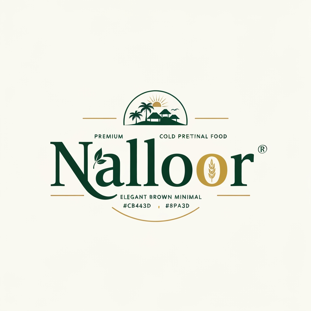 AI Design for Design a world-class premium logo for a South Indian food products brand named "Nalloor".
Brand Overview:
Nalloor is a trusted traditional food brand specializing in cold-pressed coconut oil, rice powder, chilli powder, turmeric powder, coriander powder, roasted rice flour, and other authentic South Indian food products. The brand represents purity, tradition, family values, and premium quality while appealing to modern consumers.
Logo Style:
Create a premium custom wordmark combined with a minimalist heritage emblem. The logo should feel iconic, timeless, luxurious, and instantly recognizable, comparable to premium food brands rather than generic organic logos.
Typography:
• Design a unique custom lettering exclusively for "Nalloor"
• Elegant handcrafted serif with subtle South Indian heritage influence
• Thick, balanced strokes with smooth curves
• Highly memorable and suitable for trademark registration
• Integrate a small organic leaf or grain detail naturally into one letter without making it look decorative
Emblem:
Create a clean, minimal emblem above or beside the wordmark using a combination of:
• Coconut
• Rice grain
• Traditional Kerala village silhouette
• Coconut palm
• Rising sun
• Circular heritage badge
The emblem should remain simple enough to be recognizable even at small sizes.
Design Personality:
Premium
Authentic
Traditional
Elegant
Minimal
Natural
Trustworthy
Family-owned
High-quality
Export-ready
Color Palette:
Deep Forest Green (#184B2B)
Rich Coconut Brown (#6B4423)
Warm Gold (#C89A3D)
Cream (#F8F2E8)
Optional one-color version in black.
Style Requirements:
• Flat vector logo only
• No gradients
• No mockups
• No 3D effects
• No shadows
• Perfect geometric balance
• Clean negative space
• Premium spacing and proportions
• Suitable for bottles, pouches, cartons, labels, embossing, foil stamping, signboards, websites, and mobile apps
• Must remain recognizable in monochrome
Composition:
Emblem positioned above the custom wordmark or enclosed in a refined circular badge. The typography should be the hero, with the emblem enhancing the brand story without overpowering it.
Quality Goal:
Create a logo that looks like it was designed by Pentagram, Landor, or Interbrand for a global FMCG company. The final identity should be distinctive, memorable, premium, and instantly associated with authentic South Indian food products.
Output:
Ultra-clean SVG-style flat vector logo on a plain white background, centered composition, no additional text, no mockups, no packaging, only the finished logo.