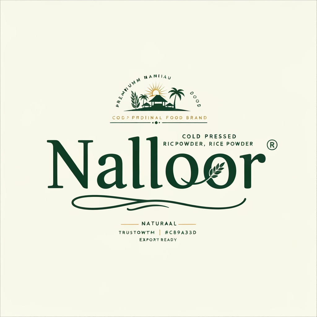 AI Design for Design a world-class premium logo for a South Indian food products brand named "Nalloor".
Brand Overview:
Nalloor is a trusted traditional food brand specializing in cold-pressed coconut oil, rice powder, chilli powder, turmeric powder, coriander powder, roasted rice flour, and other authentic South Indian food products. The brand represents purity, tradition, family values, and premium quality while appealing to modern consumers.
Logo Style:
Create a premium custom wordmark combined with a minimalist heritage emblem. The logo should feel iconic, timeless, luxurious, and instantly recognizable, comparable to premium food brands rather than generic organic logos.
Typography:
• Design a unique custom lettering exclusively for "Nalloor"
• Elegant handcrafted serif with subtle South Indian heritage influence
• Thick, balanced strokes with smooth curves
• Highly memorable and suitable for trademark registration
• Integrate a small organic leaf or grain detail naturally into one letter without making it look decorative
Emblem:
Create a clean, minimal emblem above or beside the wordmark using a combination of:
• Coconut
• Rice grain
• Traditional Kerala village silhouette
• Coconut palm
• Rising sun
• Circular heritage badge
The emblem should remain simple enough to be recognizable even at small sizes.
Design Personality:
Premium
Authentic
Traditional
Elegant
Minimal
Natural
Trustworthy
Family-owned
High-quality
Export-ready
Color Palette:
Deep Forest Green (#184B2B)
Rich Coconut Brown (#6B4423)
Warm Gold (#C89A3D)
Cream (#F8F2E8)
Optional one-color version in black.
Style Requirements:
• Flat vector logo only
• No gradients
• No mockups
• No 3D effects
• No shadows
• Perfect geometric balance
• Clean negative space
• Premium spacing and proportions
• Suitable for bottles, pouches, cartons, labels, embossing, foil stamping, signboards, websites, and mobile apps
• Must remain recognizable in monochrome
Composition:
Emblem positioned above the custom wordmark or enclosed in a refined circular badge. The typography should be the hero, with the emblem enhancing the brand story without overpowering it.
Quality Goal:
Create a logo that looks like it was designed by Pentagram, Landor, or Interbrand for a global FMCG company. The final identity should be distinctive, memorable, premium, and instantly associated with authentic South Indian food products.
Output:
Ultra-clean SVG-style flat vector logo on a plain white background, centered composition, no additional text, no mockups, no packaging, only the finished logo.