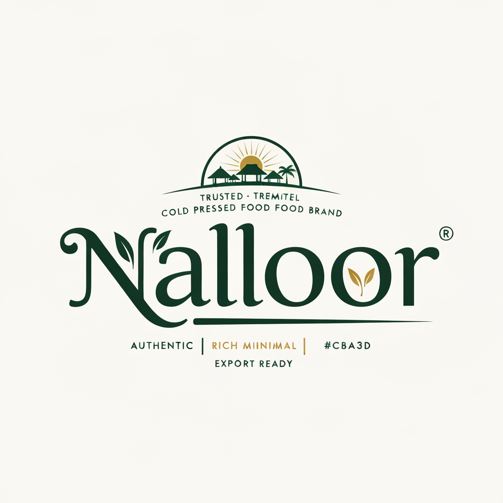 AI Design for Design a world-class premium logo for a South Indian food products brand named "Nalloor".
Brand Overview:
Nalloor is a trusted traditional food brand specializing in cold-pressed coconut oil, rice powder, chilli powder, turmeric powder, coriander powder, roasted rice flour, and other authentic South Indian food products. The brand represents purity, tradition, family values, and premium quality while appealing to modern consumers.
Logo Style:
Create a premium custom wordmark combined with a minimalist heritage emblem. The logo should feel iconic, timeless, luxurious, and instantly recognizable, comparable to premium food brands rather than generic organic logos.
Typography:
• Design a unique custom lettering exclusively for "Nalloor"
• Elegant handcrafted serif with subtle South Indian heritage influence
• Thick, balanced strokes with smooth curves
• Highly memorable and suitable for trademark registration
• Integrate a small organic leaf or grain detail naturally into one letter without making it look decorative
Emblem:
Create a clean, minimal emblem above or beside the wordmark using a combination of:
• Coconut
• Rice grain
• Traditional Kerala village silhouette
• Coconut palm
• Rising sun
• Circular heritage badge
The emblem should remain simple enough to be recognizable even at small sizes.
Design Personality:
Premium
Authentic
Traditional
Elegant
Minimal
Natural
Trustworthy
Family-owned
High-quality
Export-ready
Color Palette:
Deep Forest Green (#184B2B)
Rich Coconut Brown (#6B4423)
Warm Gold (#C89A3D)
Cream (#F8F2E8)
Optional one-color version in black.
Style Requirements:
• Flat vector logo only
• No gradients
• No mockups
• No 3D effects
• No shadows
• Perfect geometric balance
• Clean negative space
• Premium spacing and proportions
• Suitable for bottles, pouches, cartons, labels, embossing, foil stamping, signboards, websites, and mobile apps
• Must remain recognizable in monochrome
Composition:
Emblem positioned above the custom wordmark or enclosed in a refined circular badge. The typography should be the hero, with the emblem enhancing the brand story without overpowering it.
Quality Goal:
Create a logo that looks like it was designed by Pentagram, Landor, or Interbrand for a global FMCG company. The final identity should be distinctive, memorable, premium, and instantly associated with authentic South Indian food products.
Output:
Ultra-clean SVG-style flat vector logo on a plain white background, centered composition, no additional text, no mockups, no packaging, only the finished logo.