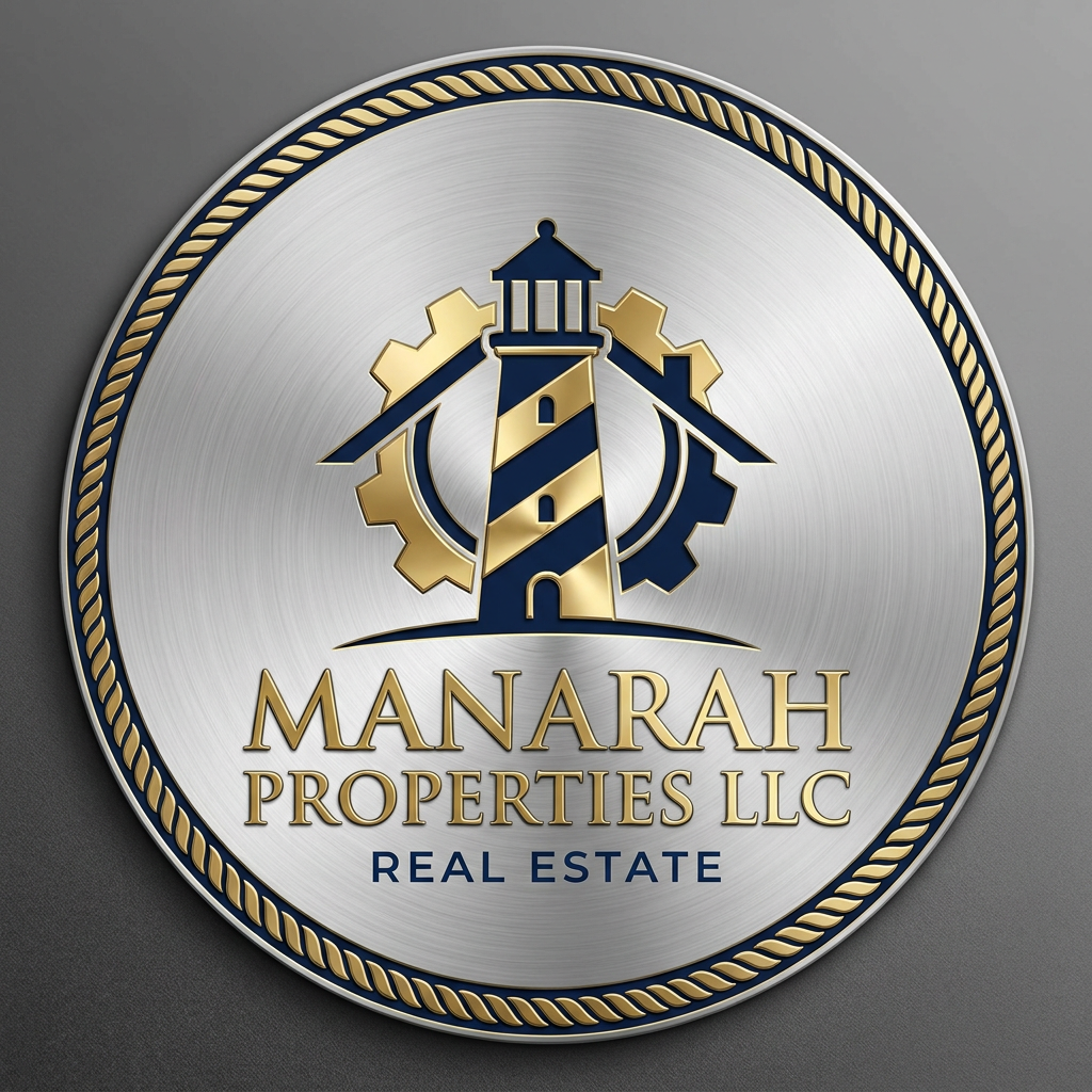 AI Design for Create a Golden and Navy. Blue logo for Real Estate agency "Manarah Properties LLC"