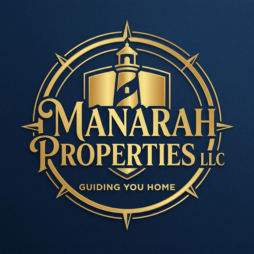 AI Design for Create a Golden and Navy. Blue logo for Real Estate agency "Manarah Properties LLC". Logo should be PNG and big font creative