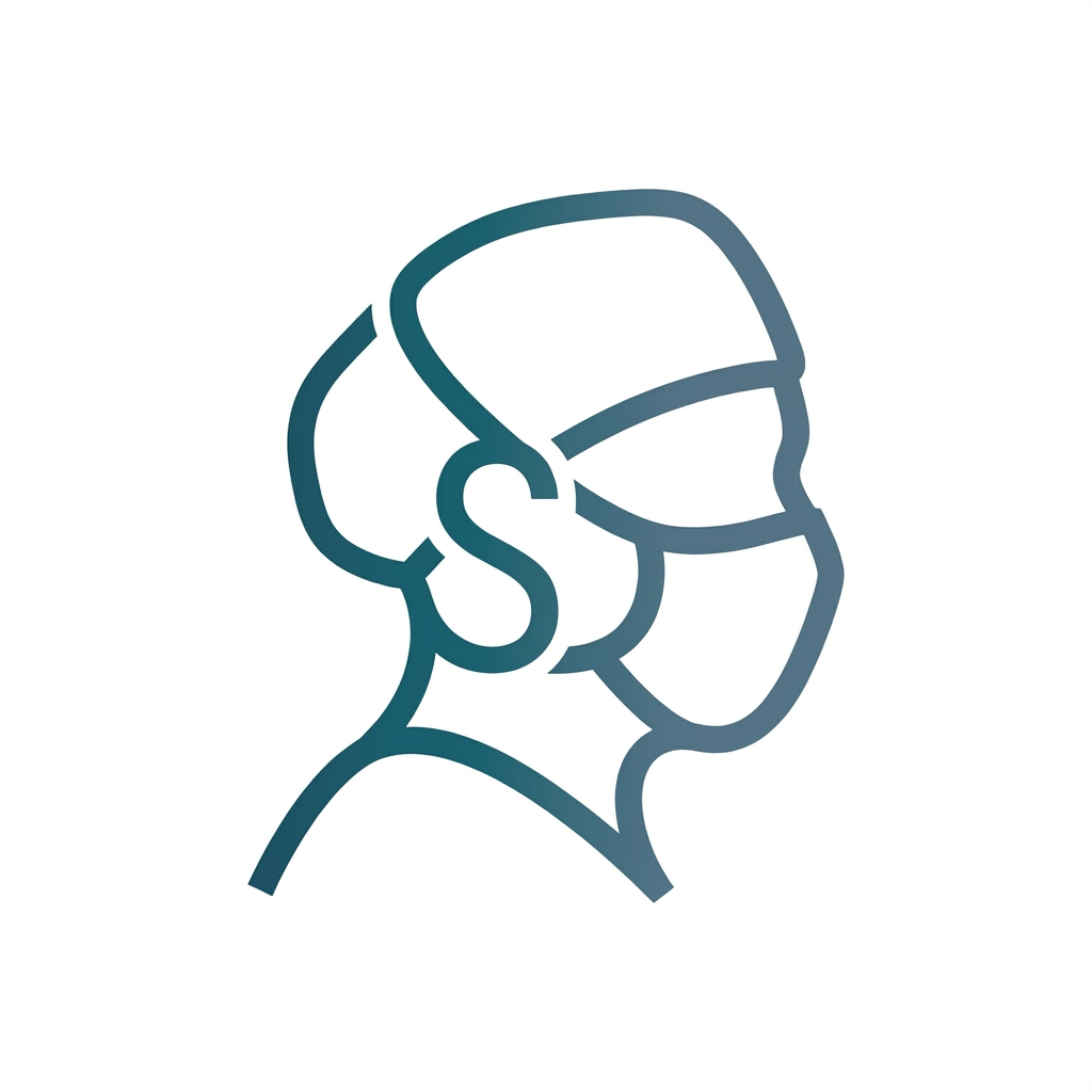 AI Design for A minimalist medical emblem logo for a surgeon. A clean vector side profile of a masked doctor in a surgical cap. The curves of the face profile, the mask contour, and the shoulder loop seamlessly intertwine to reveal the hidden monogram initials "ST" in a highly creative, clever layout. Colors: gradient of dark teal and rich slate blue, isolated on a crisp solid white background. Modern, clinical, premium healthcare icon, flat design, no messy shading.
