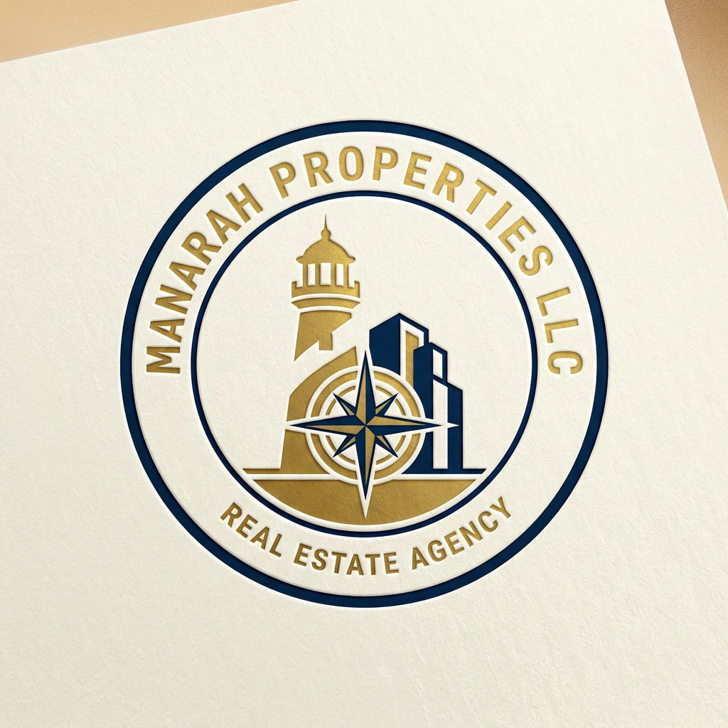 AI Design for Create a Golden and Navy. Blue logo for Real Estate agency "Manarah Properties LLC"