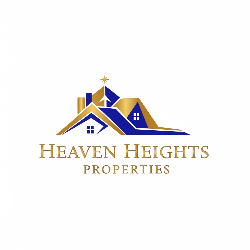 AI Design for Create Logo for real Estate agency called "Heaven Heights Properties" . The logo color will be Golden and royal blue. Logo should be clean, clear and professional. Should be meaningful and attractive. Not too big, elegant and clean