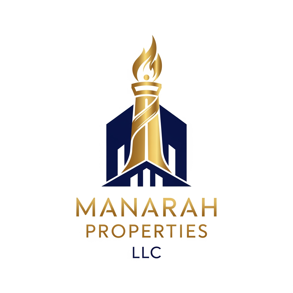 AI Design for Create a Golden and Navy. Blue logo for Real Estate agency "Manarah Properties LLC"